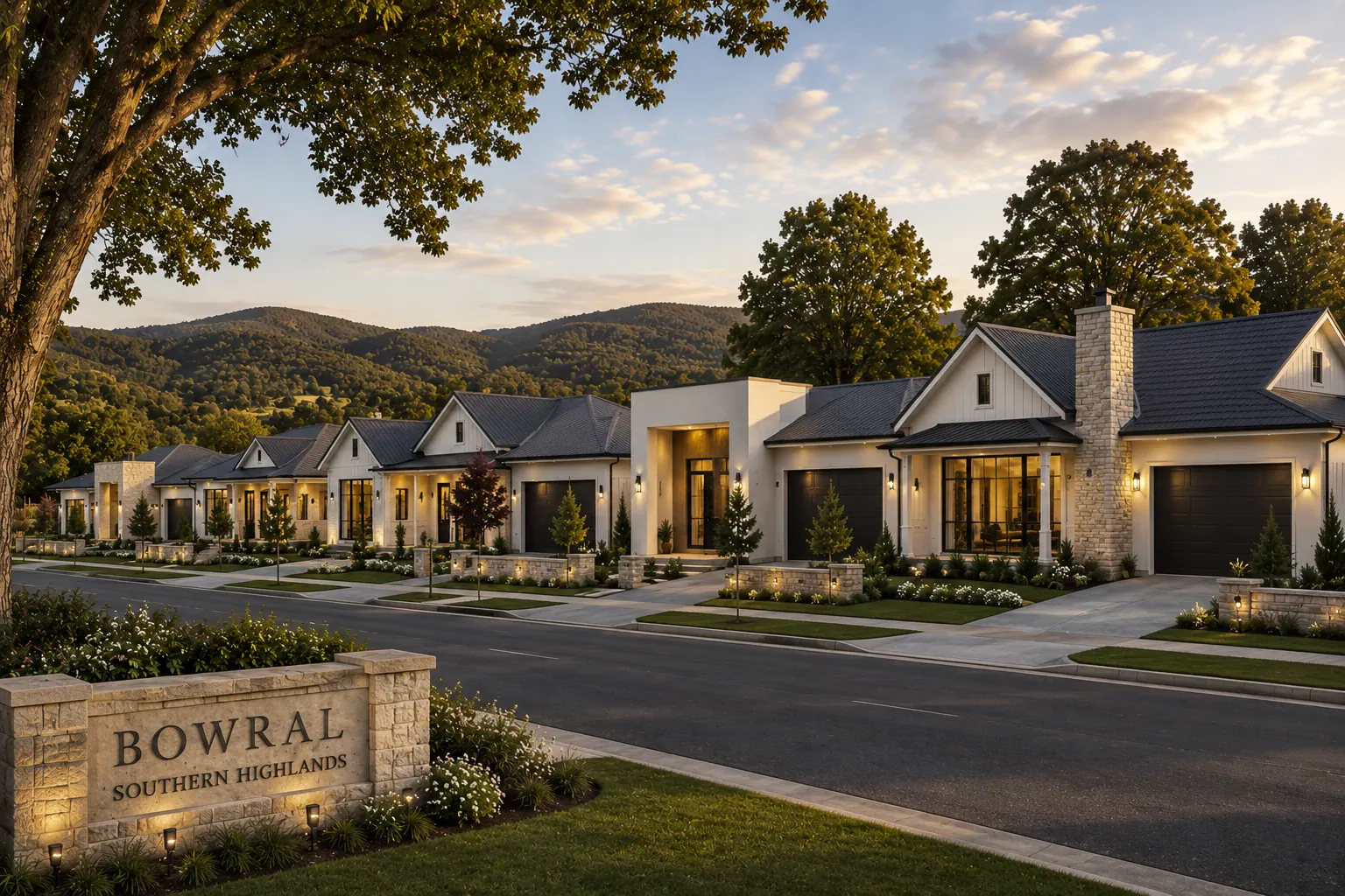 Concept render of a Bowral street lined with new homes, with a stone entry sign in the foreground