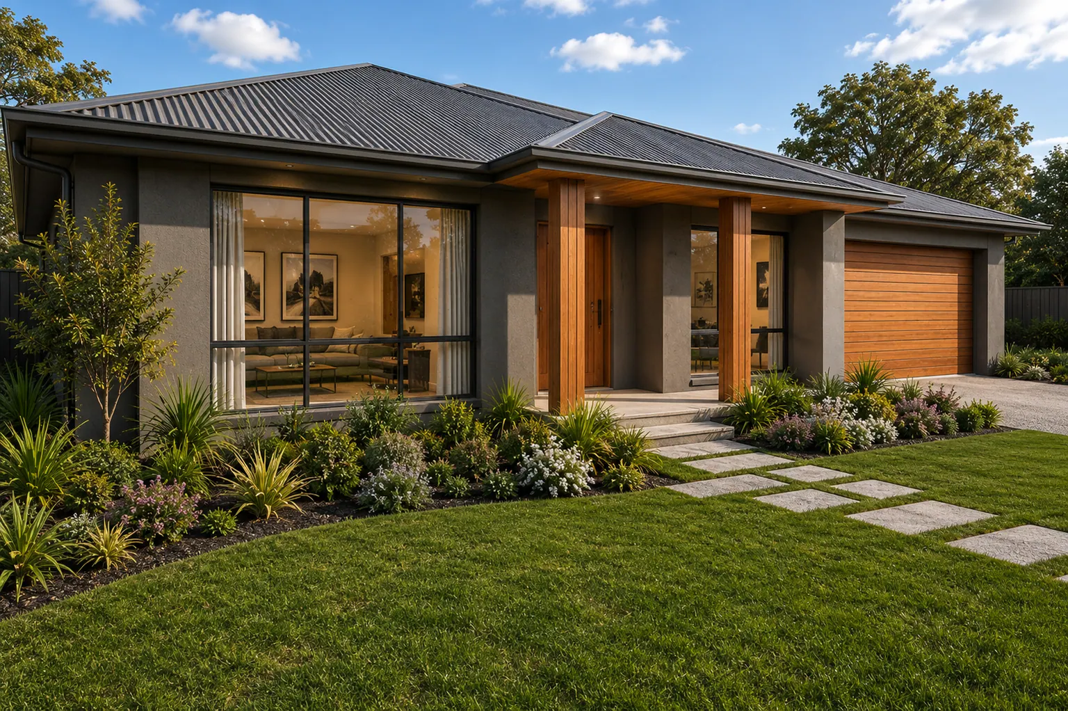 Concept render of a contemporary single-storey family home with a timber entry and a landscaped front garden