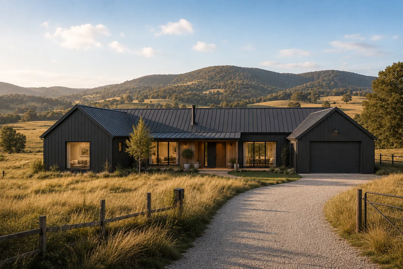 Concept render of a low country home with timber cladding and a metal roof, set in open grassland