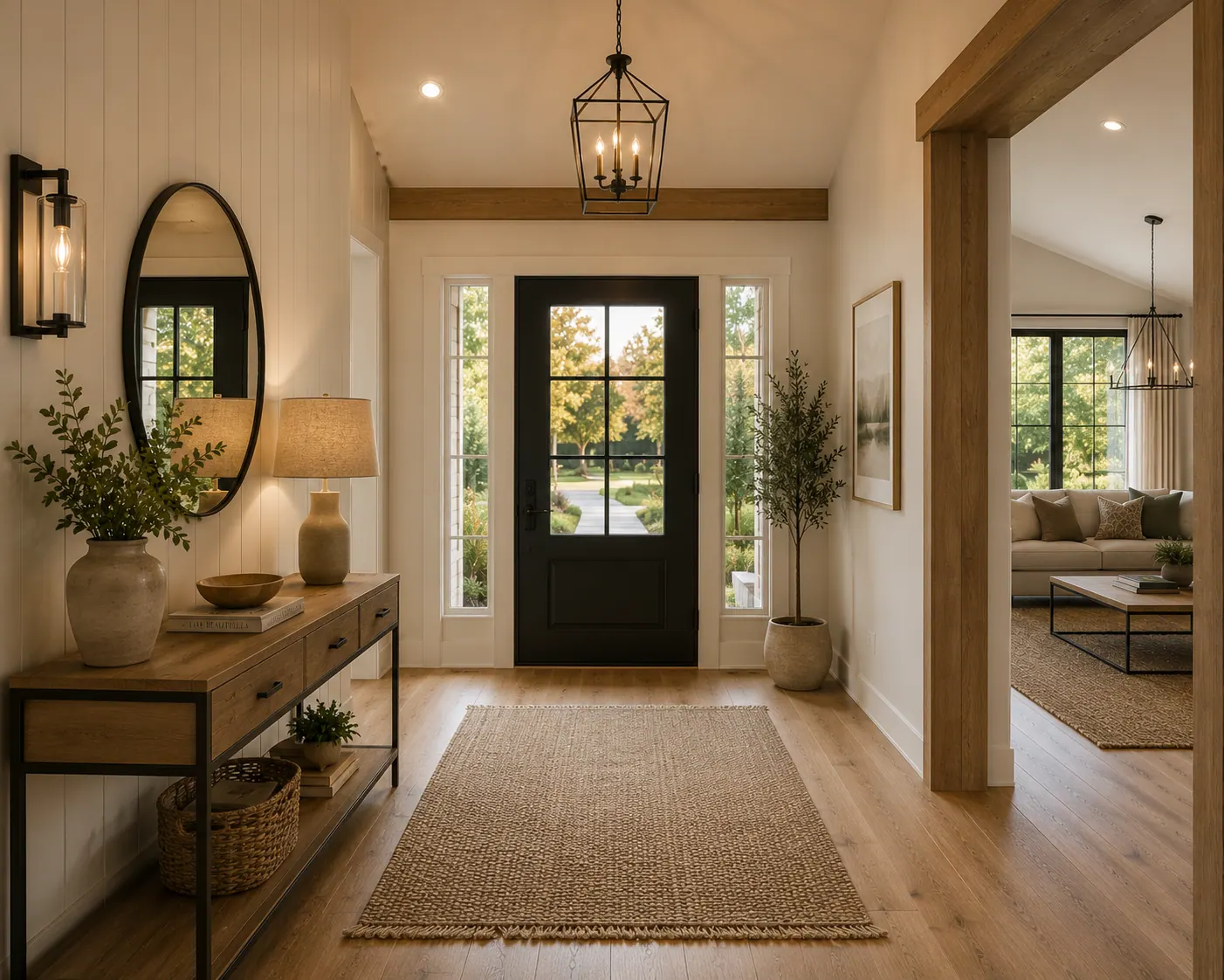 Concept render of a home entry with a console table, mirror and timber-framed opening
