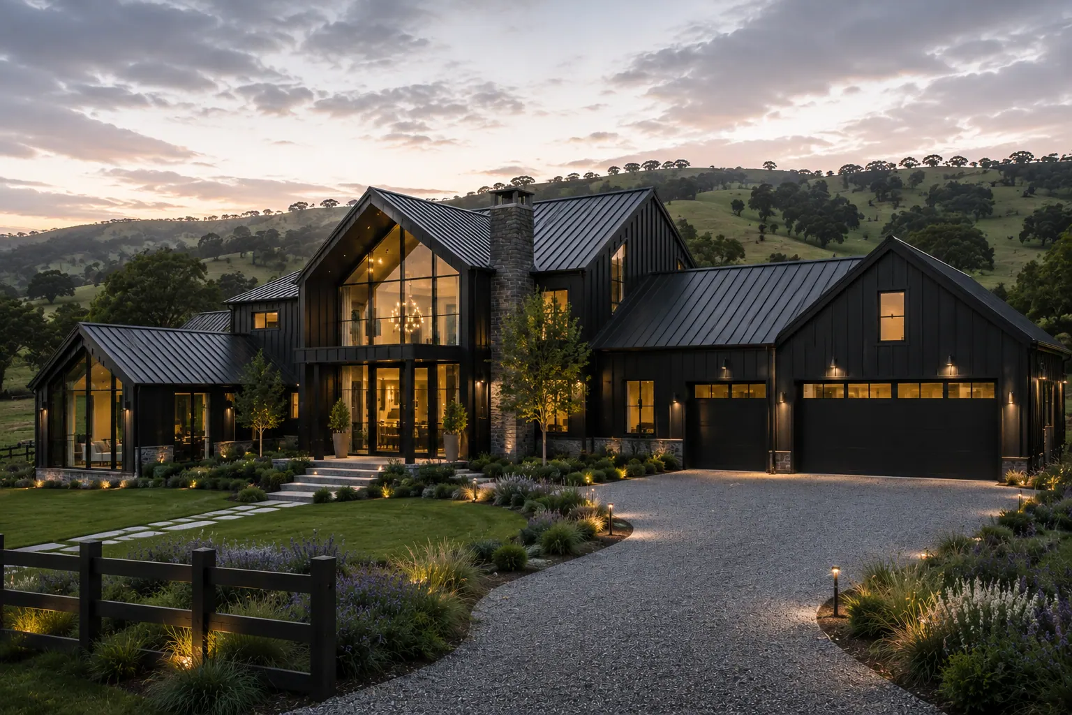 Concept render of a two-storey home with gabled glazing on a hillside at sunset