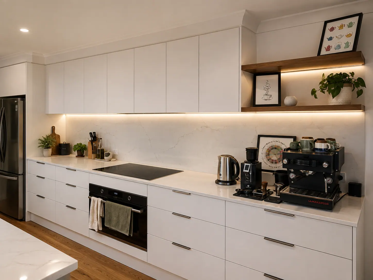 White kitchen with under-cabinet lighting, a cooktop, built-in oven and a coffee station