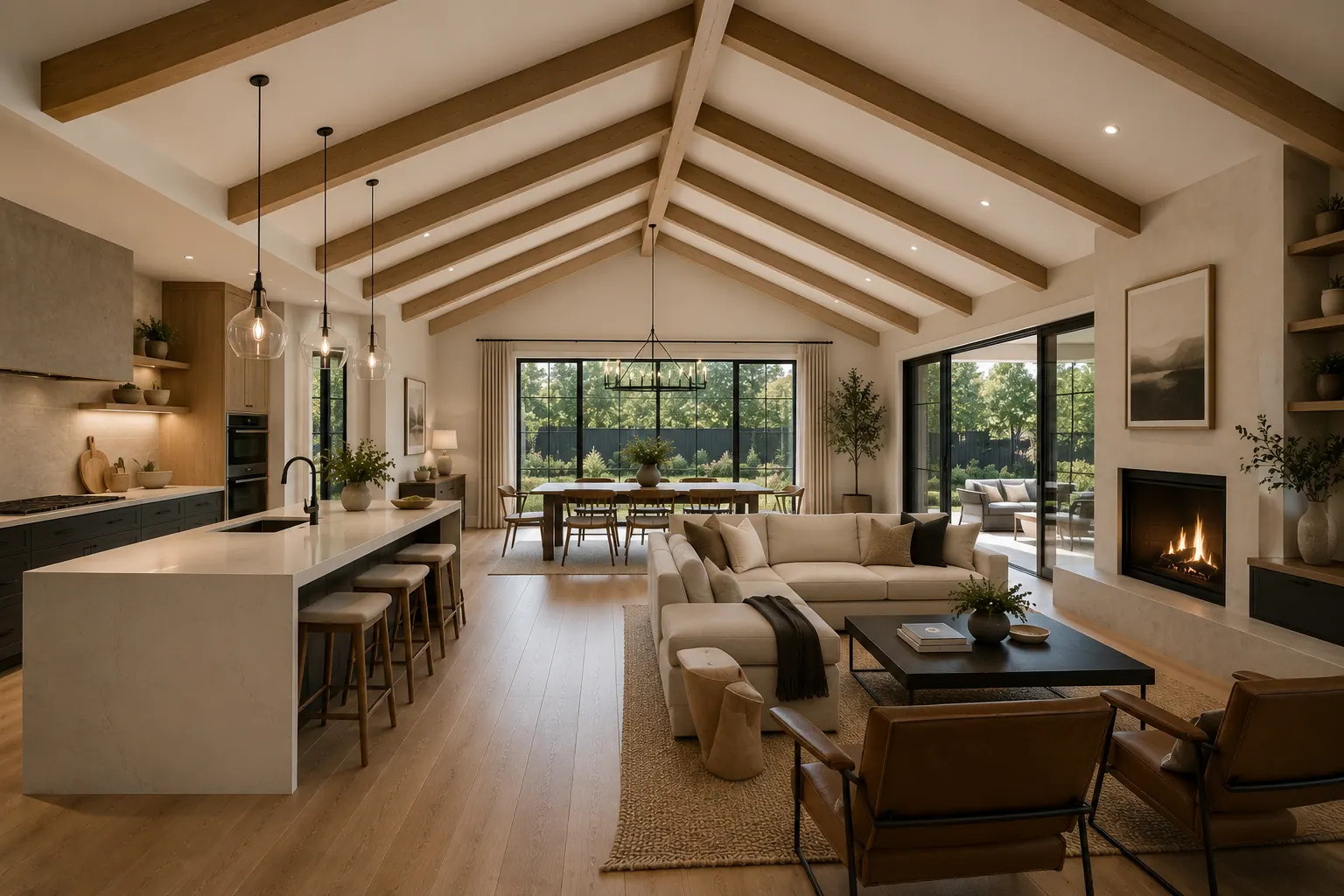 Concept render of an open-plan living area with exposed timber beams, a fireplace and a kitchen island