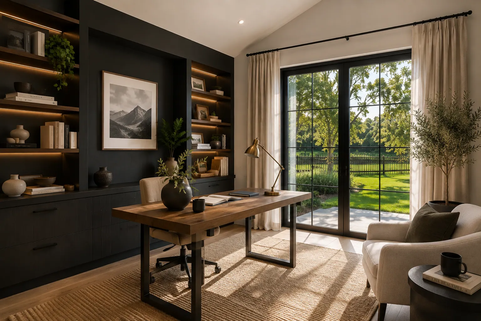Concept render of a home study with a timber desk, built-in shelving and a garden view